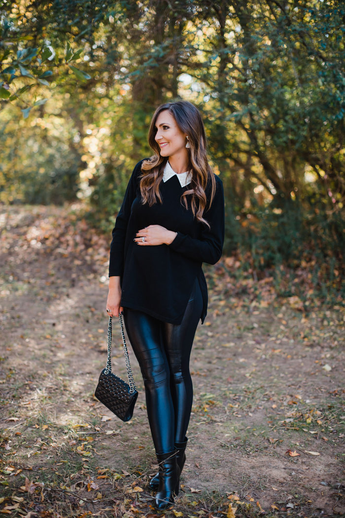 What to wear to a casual Holiday party. Beaded tunic top with moto leggings and booties