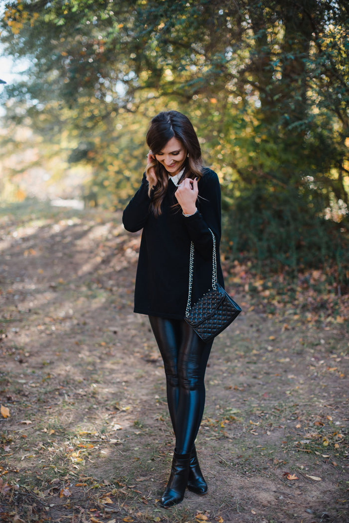 What to wear to a casual Holiday party. Beaded tunic top with moto leggings and booties