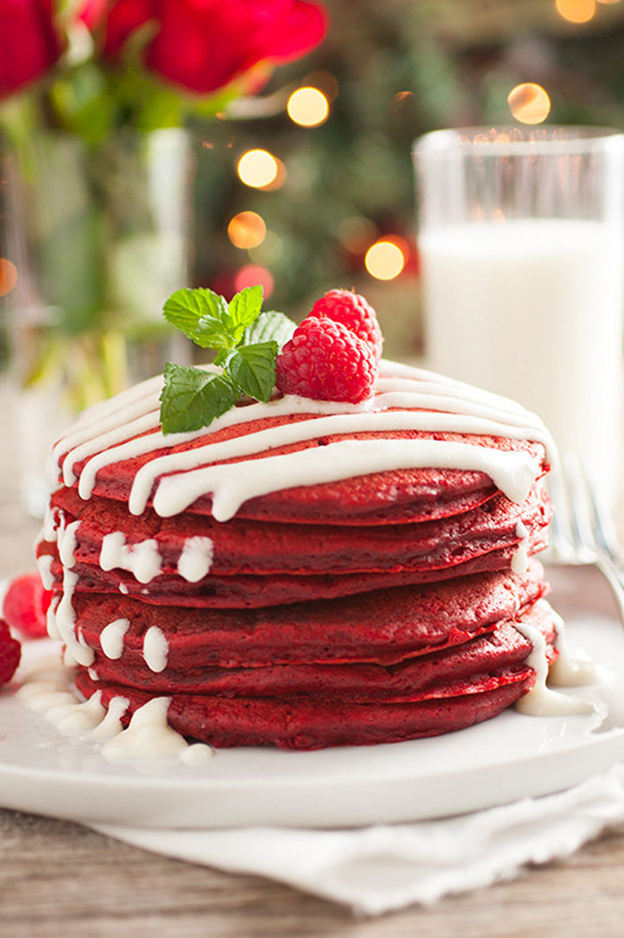 red-velvet-pancakes-with-cream-cheese-glaze - Christmas Morning Brunch Ideas for Christmas Morning featured by popular Texas lifestyle blogger, Style Your Senses