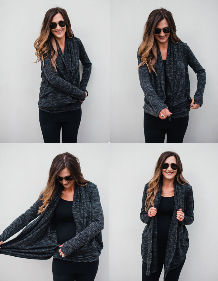 Cute Athleisure outfit for busy moms with this versatile cardigan that can be worn two ways!