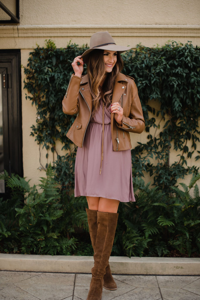 Affordable skater dress and moto jacket combo that can be easily dressed up or down.