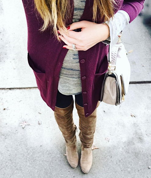Camo tee paired with a tunic cardigan and over the knee boots