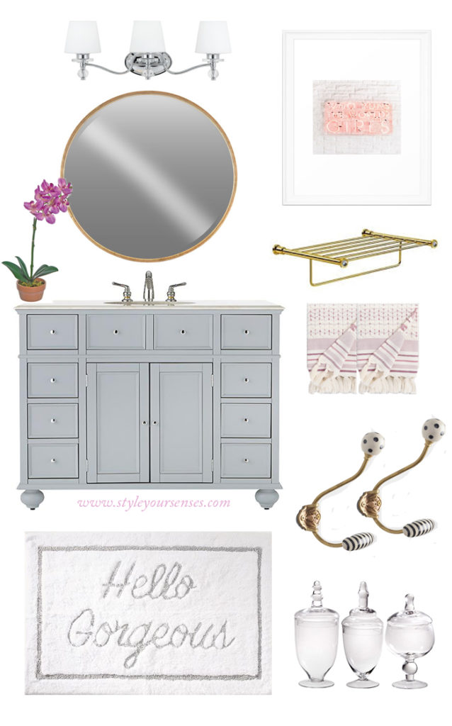 The mood board for a shared little girls bathroom using lavender, gold and grey