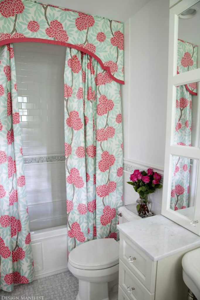 Cornice board and curtains over the shower