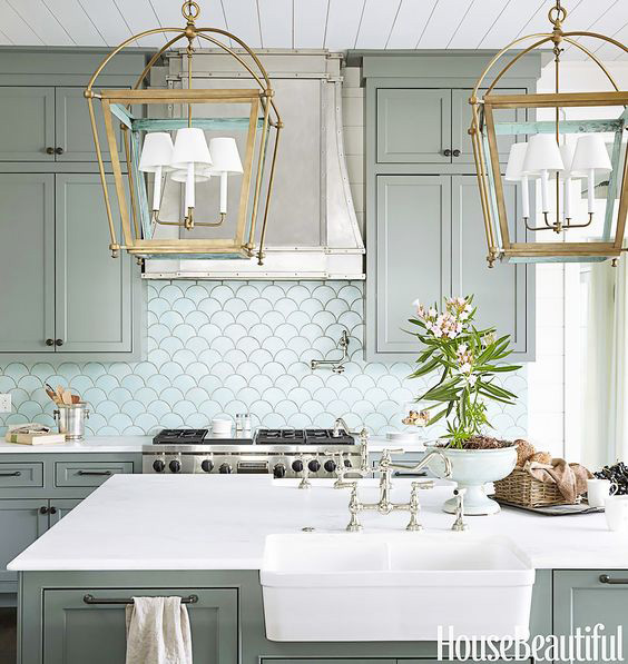 Gorgeous, glam kitchen using sage green, white and gold