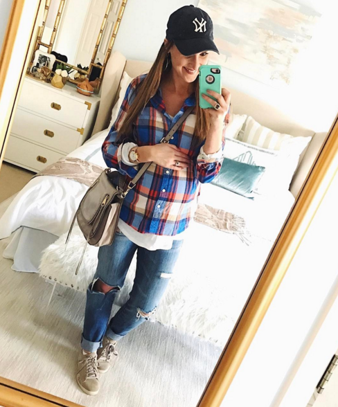 Everyday mom style in this plaid button down and boyfriend jeans