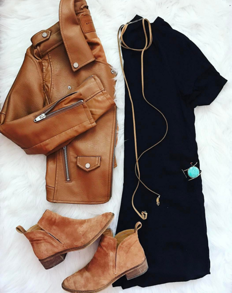 Layer this cognac moto jacket over a simple black shift dress