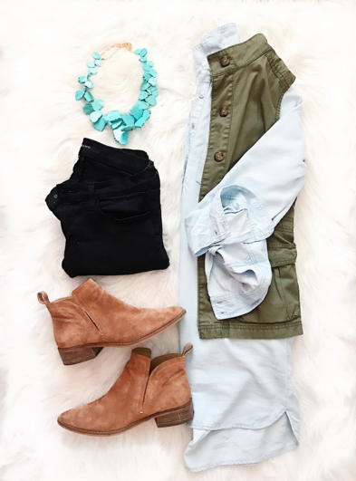 Flat Lay with chambray tunic and utility vest