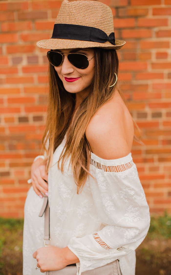 Blogger Mallory Fitzsimmons of Style Your Senses wears a non-maternity off the shoulder eyelet dress to style her 30 week bump for Spring