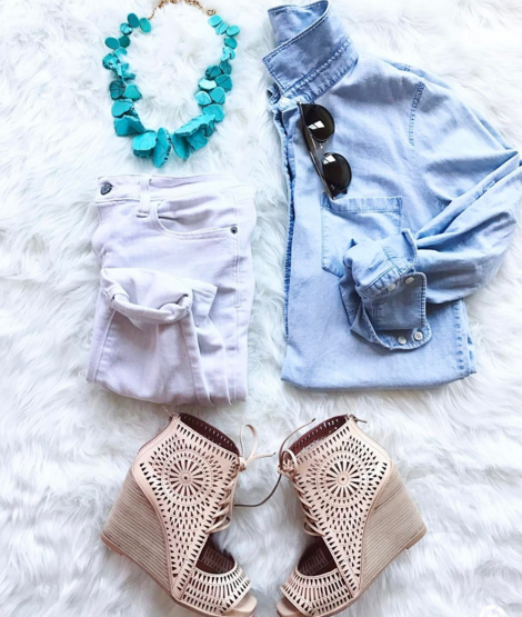Really cute Spring outfit with chambray shirt and white denim