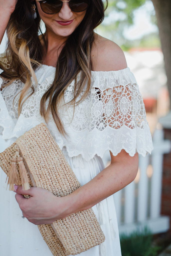 White lace off the shoulder midi dress styled two ways for Summer!