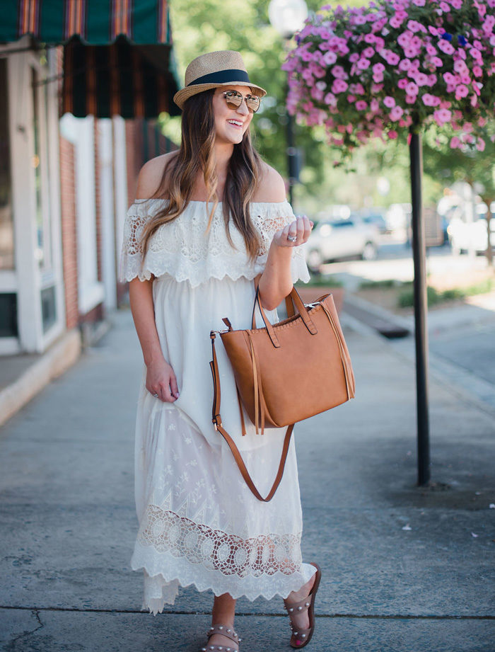 White lace off the shoulder midi dress styled two ways for Summer!