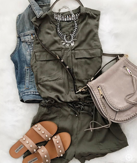 Cute summer outfit with romper, slides and crossbody bag
