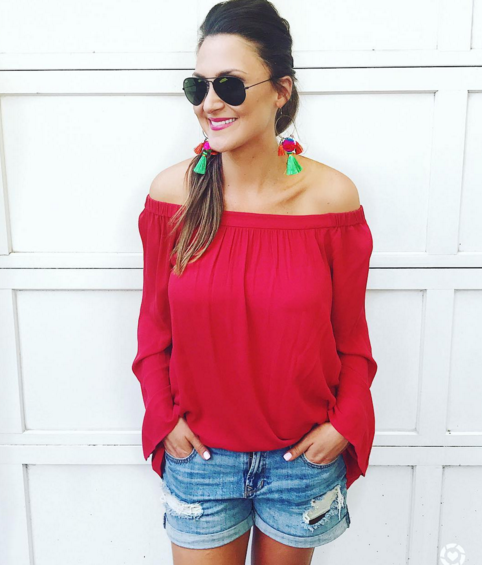 Off the shoulder tunic and statement earrings are an easy combo for a summer date night