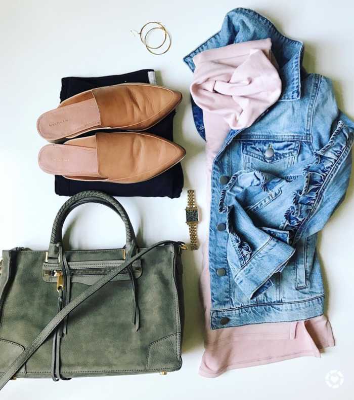 Fall layers with denim jacket and blush sweater