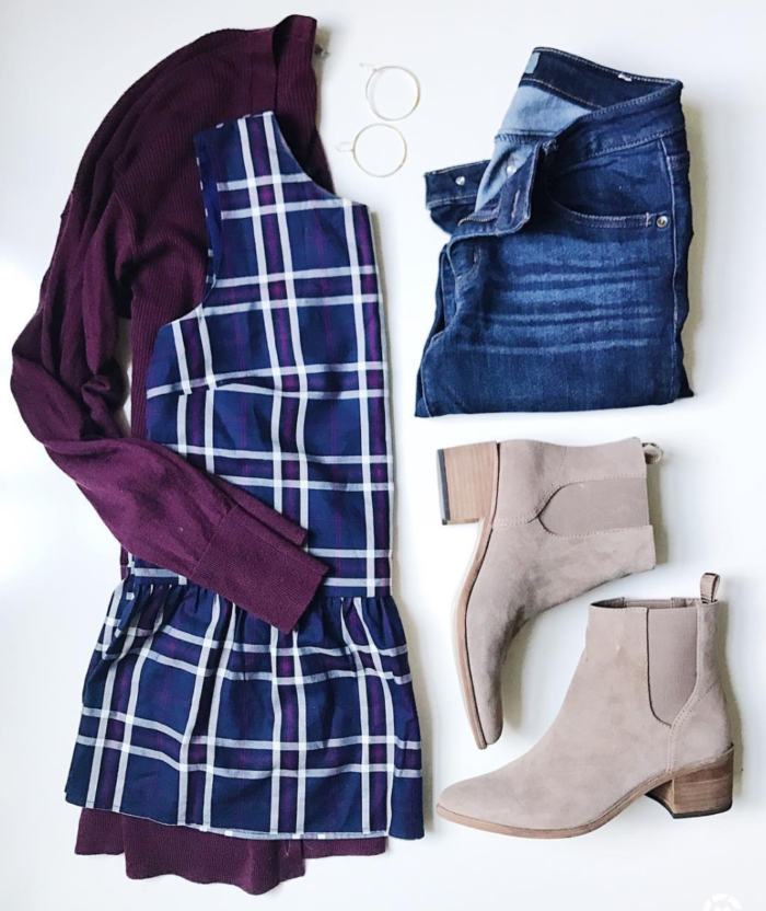 Plaid peplum top with tunic cardigan and booties for a cute and casual Fall outfit