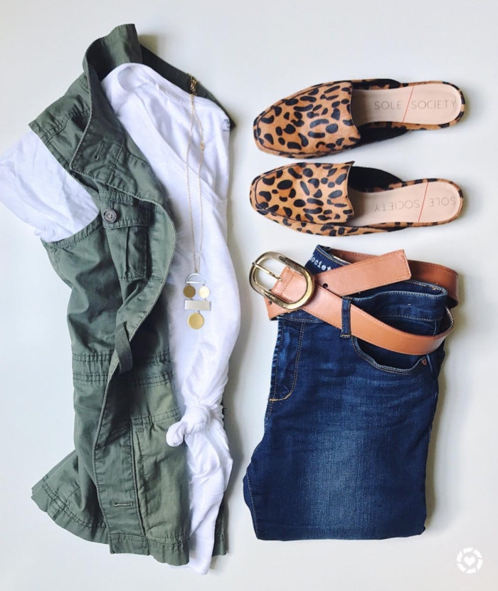 Cute outfit for Fall with utility vest and leopard mules