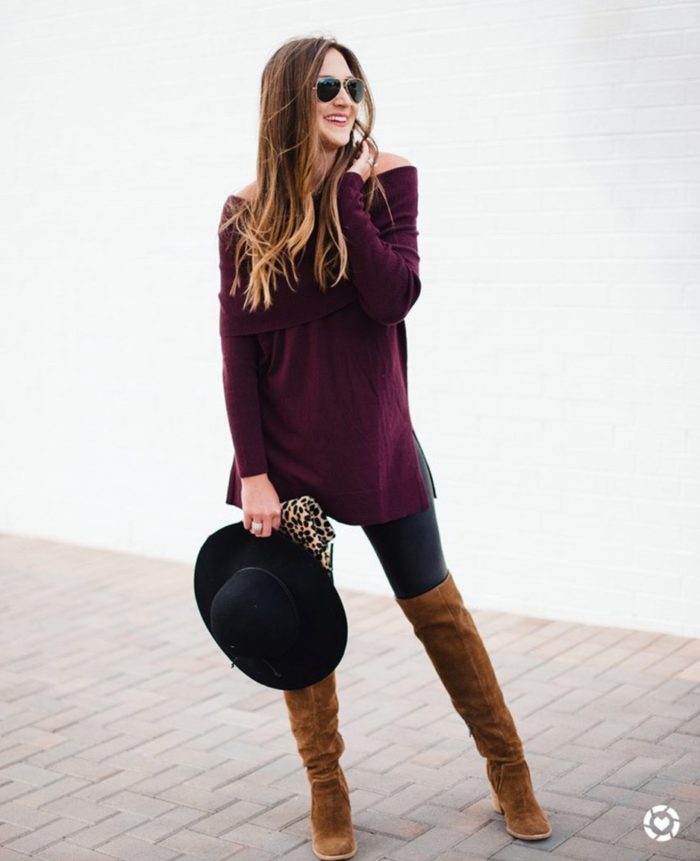 Spanx leggings and off the shoulder sweater styled for Fall