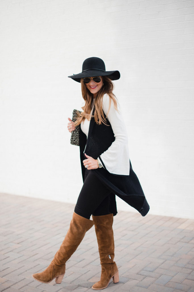 Fall outfit with bell sleeve sweater and over the knee boots