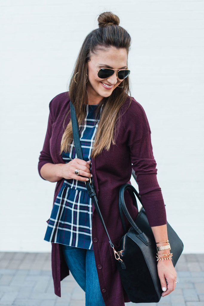 Plaid peplum top with a long cardigan, skinny jeans and tan mules for a fun Fall transition outfit. 