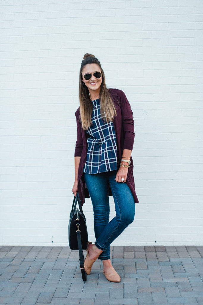 Plaid peplum top with a long cardigan, skinny jeans and tan mules for a fun Fall transition outfit. 