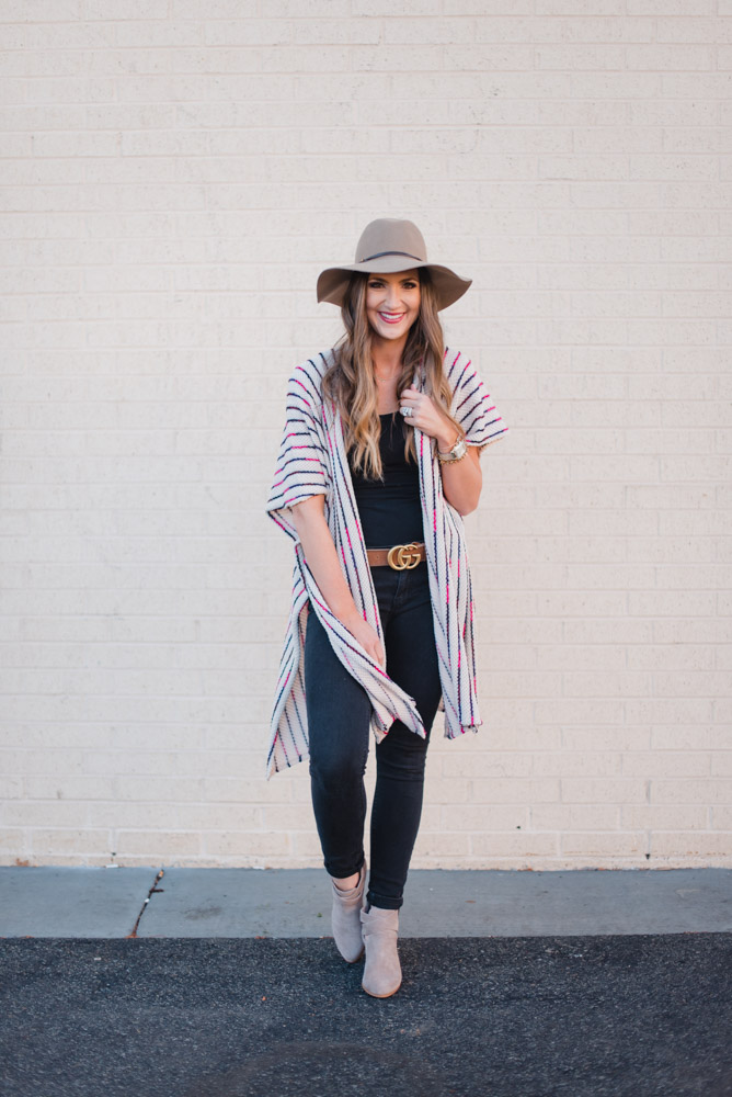 Spring Transition outfit with long poncho and gucci belt