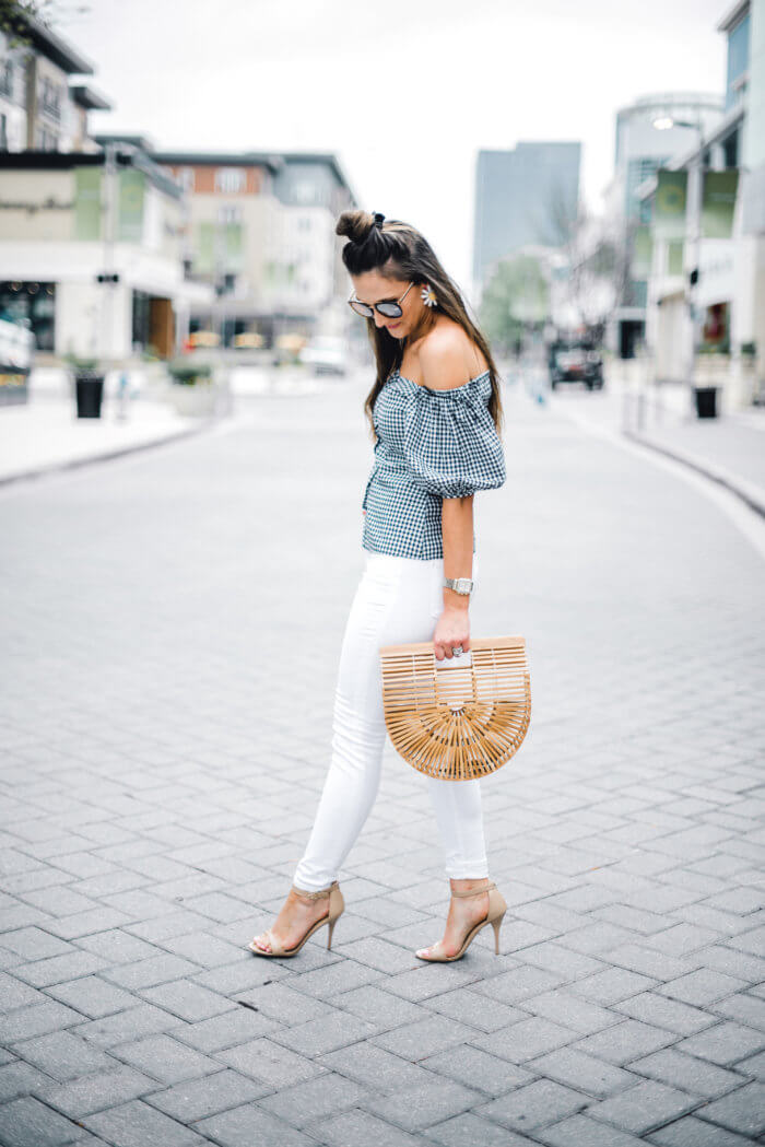 Gingham off the shoulder top with white jeans and statement earrings
