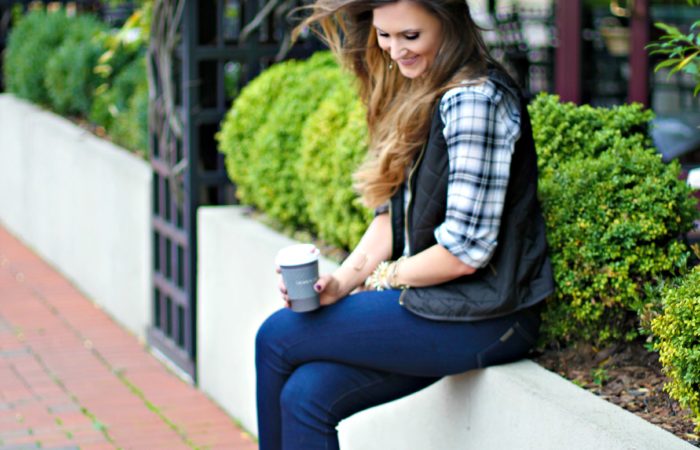 plaid shirt, puffer vest, chukka boots, coffee, skinny jeans