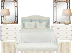 Master Bedroom, Monogrammed Bedding, Campaign Chest, Bamboo Mirror