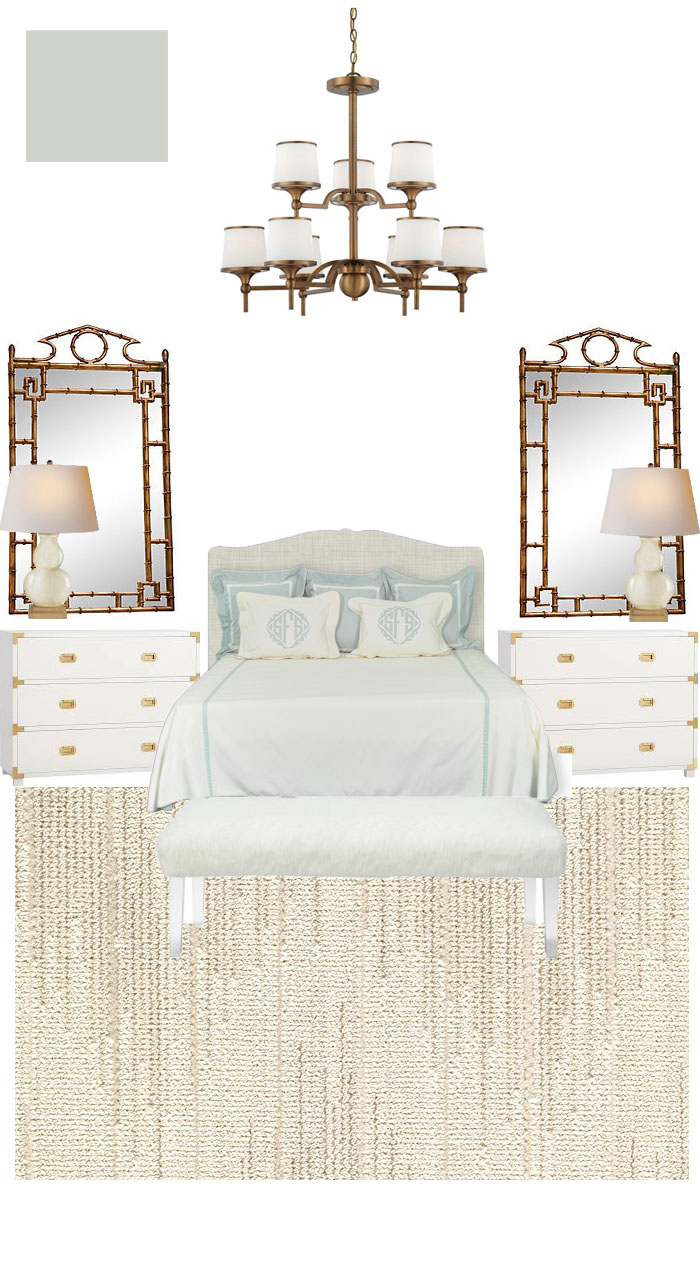 Master Bedroom, Monogrammed Bedding, Campaign Chest, Bamboo Mirror