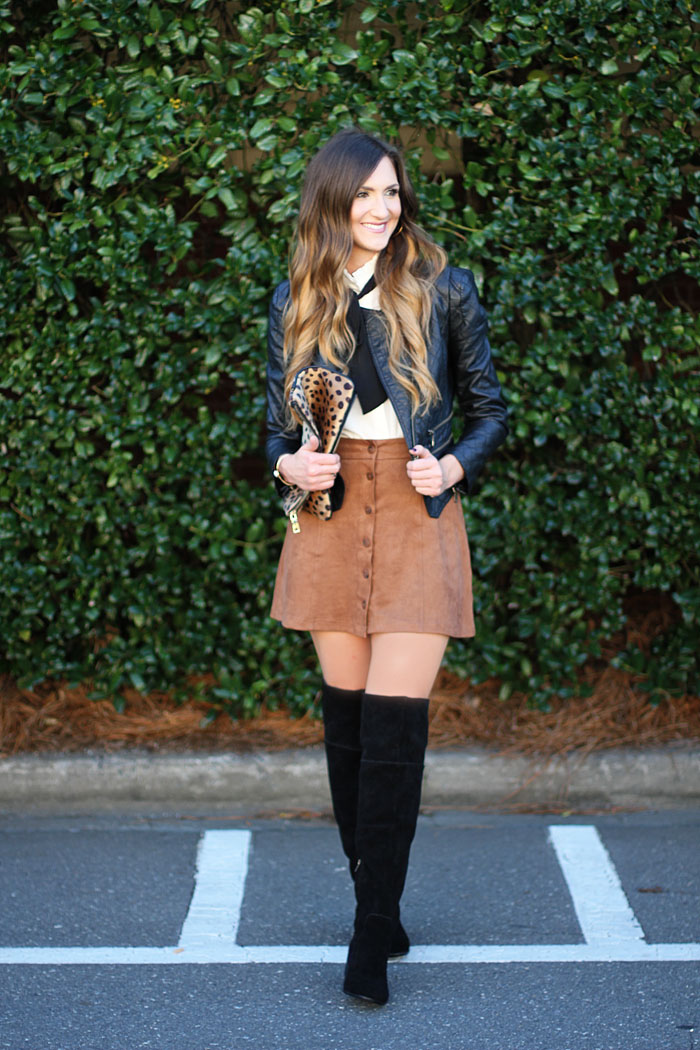 over the knee boots, otk, suede skirt, bow top, moto jacket, fashion blogger