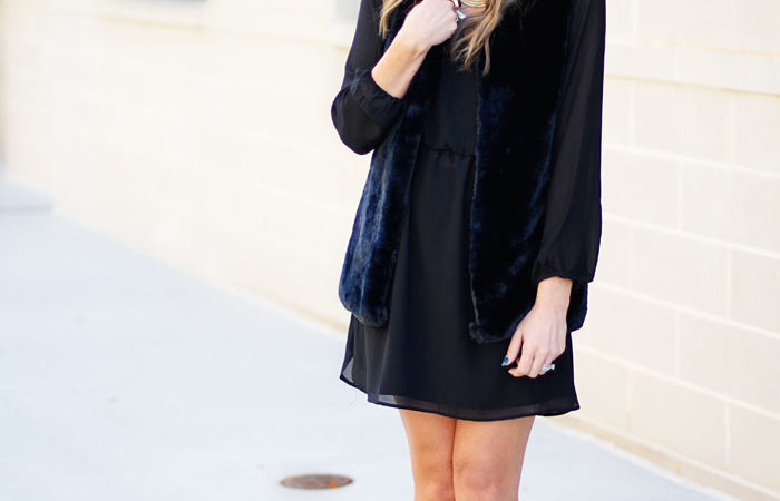 little black dress, fur vest, kendra scott, leopard heels