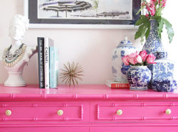 guest room, bamboo, pink chest, ginger jar