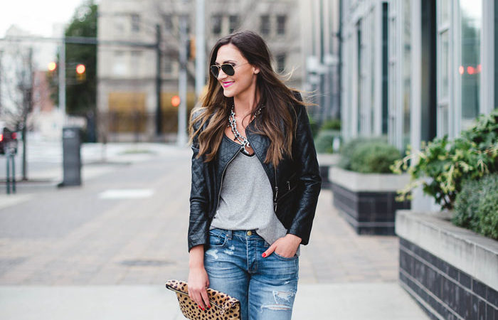 Distressed denim, leather jacket, squash blossom necklace, fashion blogger