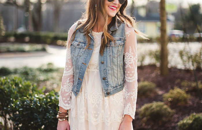 lace dress, denim vest, rebecca Minkoff, romantic, lace