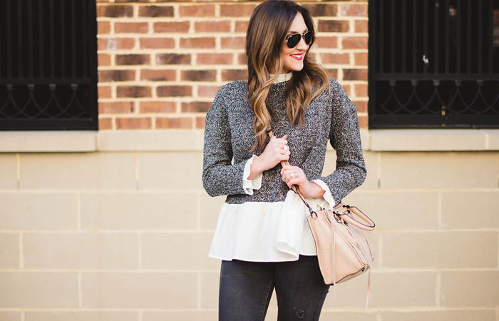 peplum top, distressed denim, wedge boot, rebecca minkoff