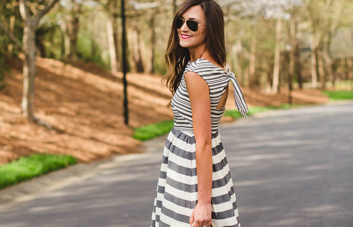 donna morgan dress, stripe dress, sam edelman heels, rebecca minkoff reagan