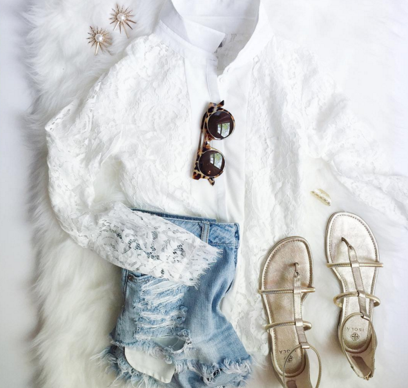 Pair a dainty lace top with distressed denim shorts and top with luxe gold accessories for a chic summer look.