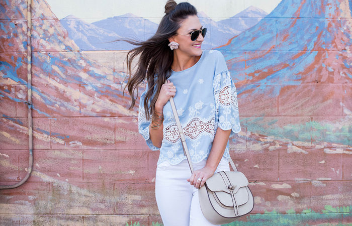 Try pairing this embroidered chambray top with white denim and pink heels for a fun Spring outfit.