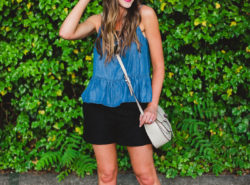 Chambray peplum top with black shorts