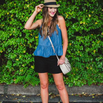 Chambray peplum top with black shorts