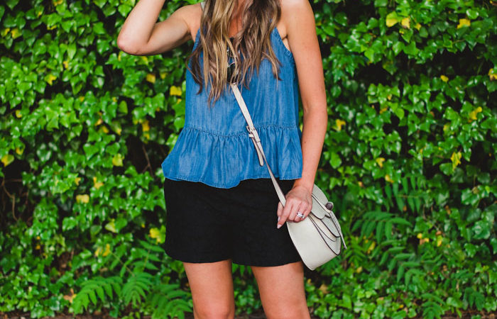 Chambray peplum top with black shorts