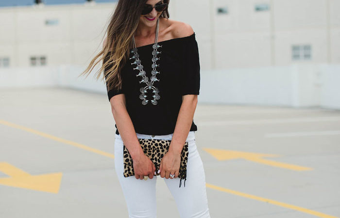 off the shoulder top and squash blossom necklace