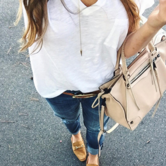 A casual outfit pairing a v-neck Madewell white t-shirt with boyfriend denim and loafers.