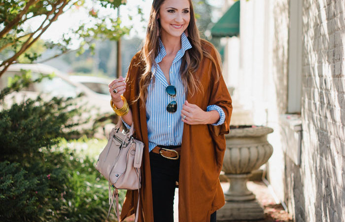 Blogger Mallory Fiztsimmons of Style Your Senses wears a casual striped button up top with black skinny denim and a rust cardigan for a casual Fall look.