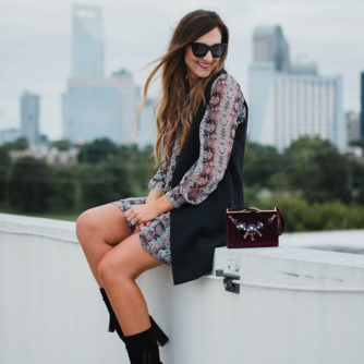 Blogger Mallory Fitzsimmons of Style Your Senses wears a Cece by Cynthia Steffe paisley dress with a black trench vest and Vince Camuto mid calf booties