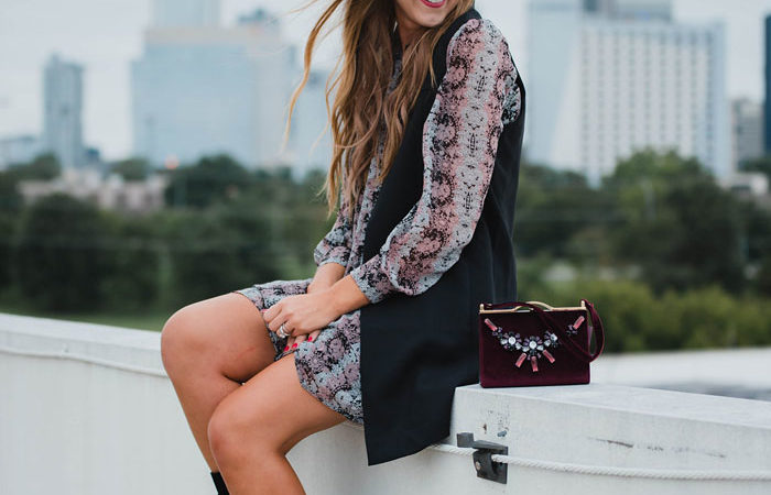 Blogger Mallory Fitzsimmons of Style Your Senses wears a Cece by Cynthia Steffe paisley dress with a black trench vest and Vince Camuto mid calf booties