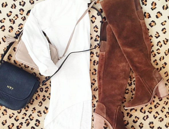 Fall outfit idea flatlay with over the knee boots and cross body bag
