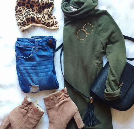 Fashion flat lay with a tunic turtleneck and suede booties