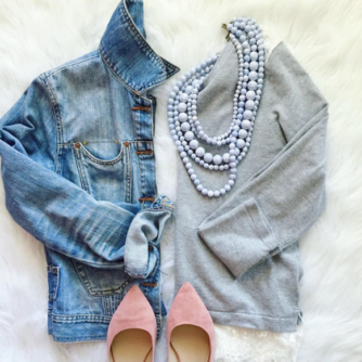Fashion Flat lay of a cute and casual Fall outfit with a dainty grey sweater, denim jacket, and blush ballet flats